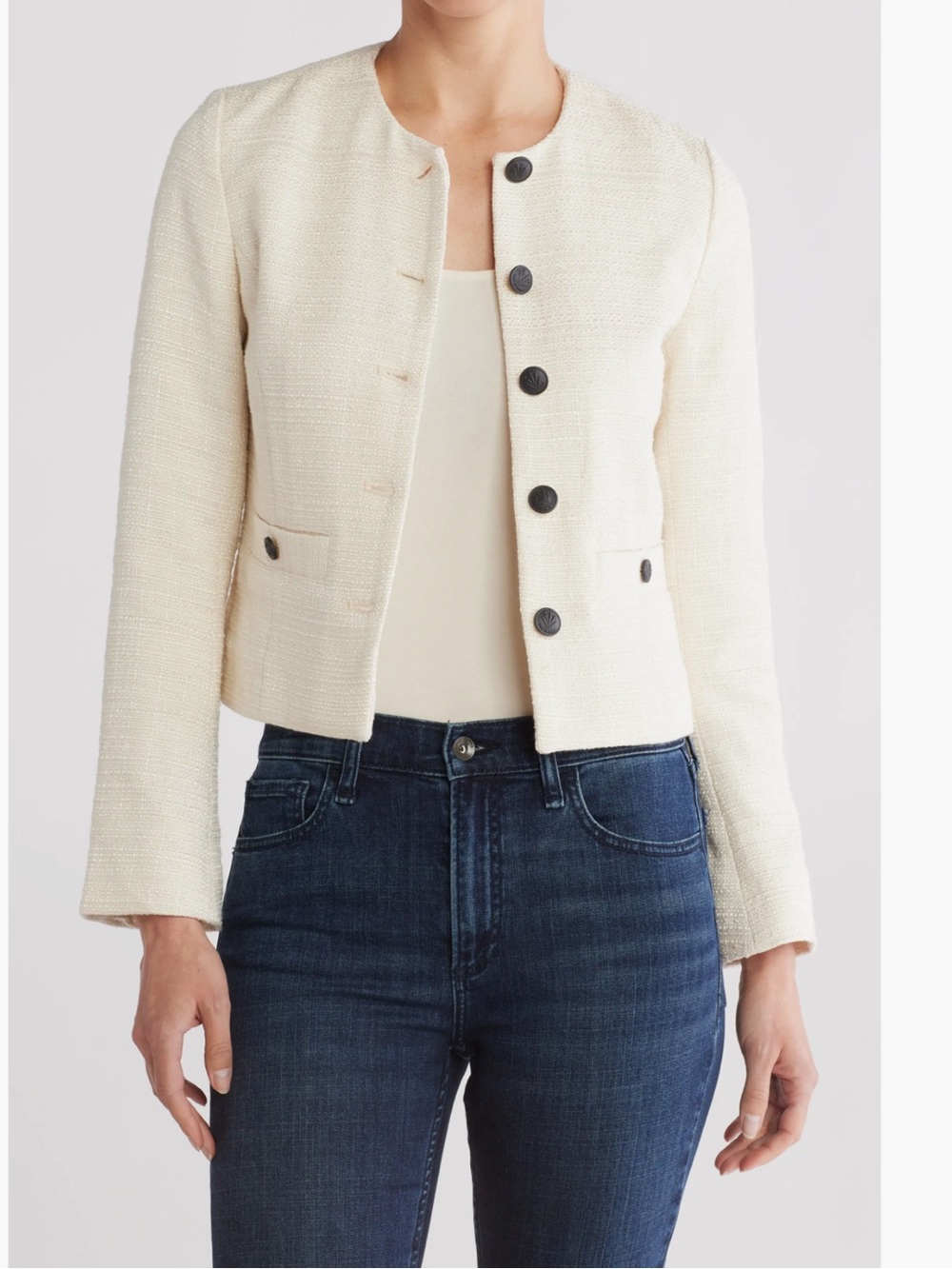 rag & bone Cream Cropped Tweed Blazer with Contrast Buttons